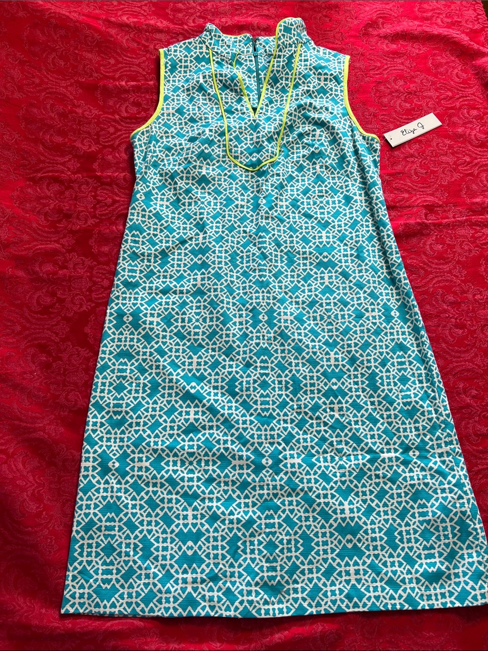 Eliza J Teal White Geometric Shift Dress Size 4 NWT Sleeveless